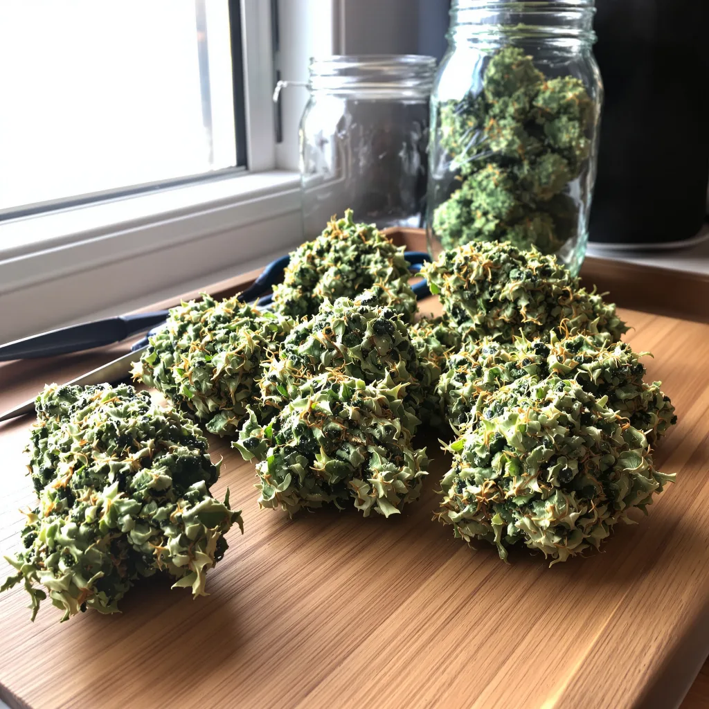 Quantum Kush 25% indica / 75% sativa — flor con tricomas visibles