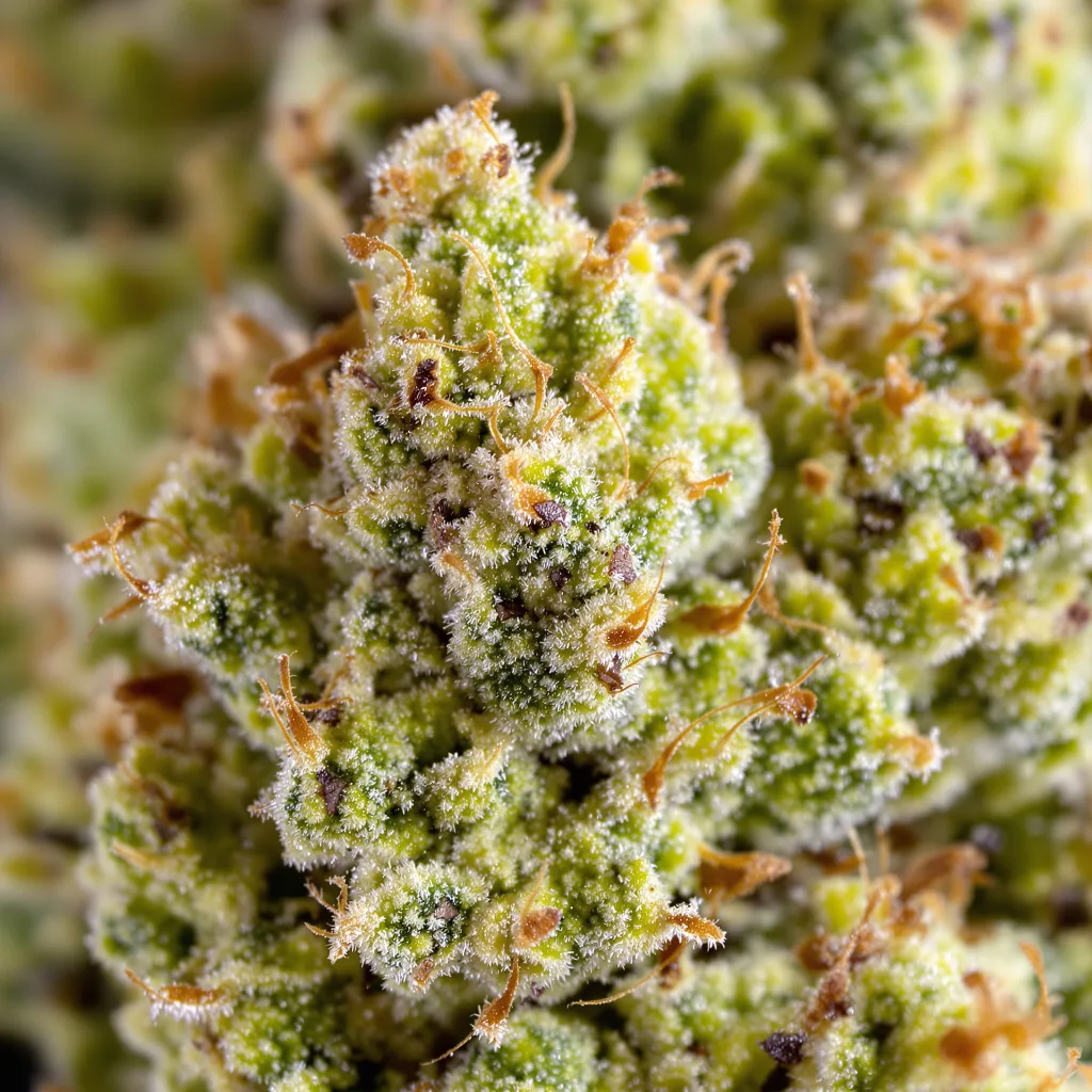 Primer plano de cogollo de cannabis Quantum Kush mostrando estructura aireada verde lima