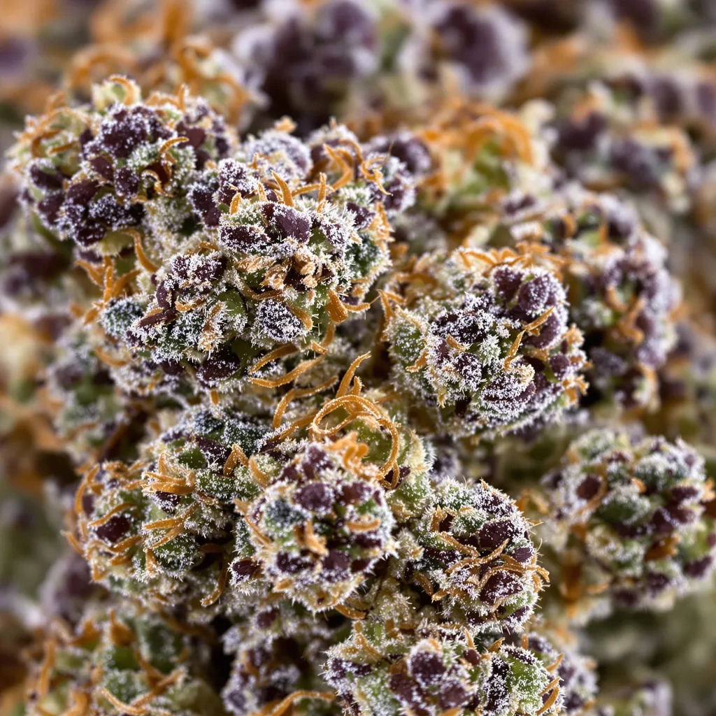 Primer plano de cogollo de cannabis Querkle mostrando cálices densos con tonos morados