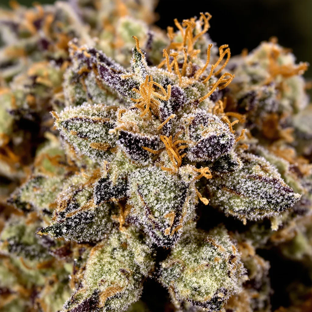 Primer plano de cogollo de cannabis Queso mostrando cálices densos con tonos morados