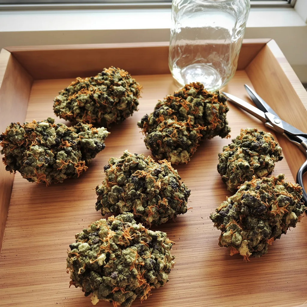 Quin-N-Tonic 77% indica / 23% sativa — flor con tricomas visibles