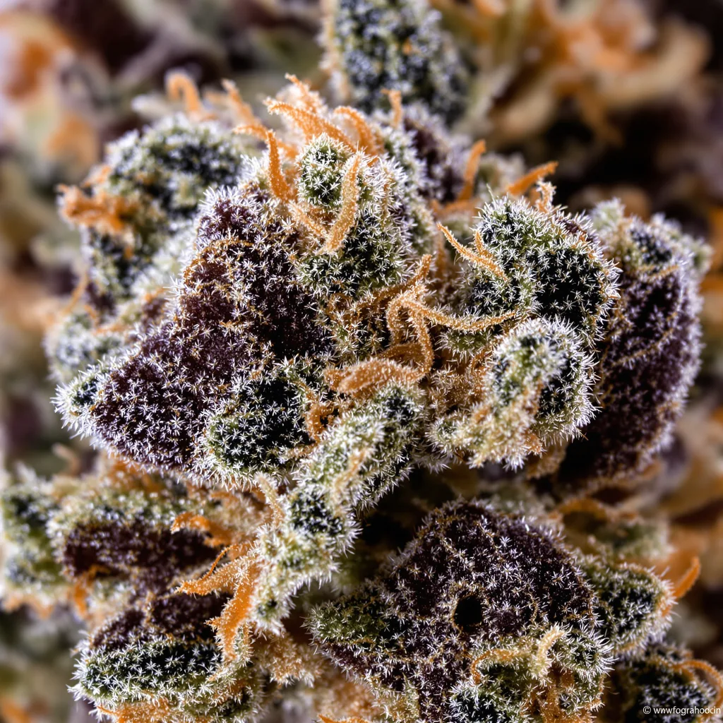 Primer plano de cogollo de cannabis Quin-N-Tonic mostrando cálices densos con tonos morados