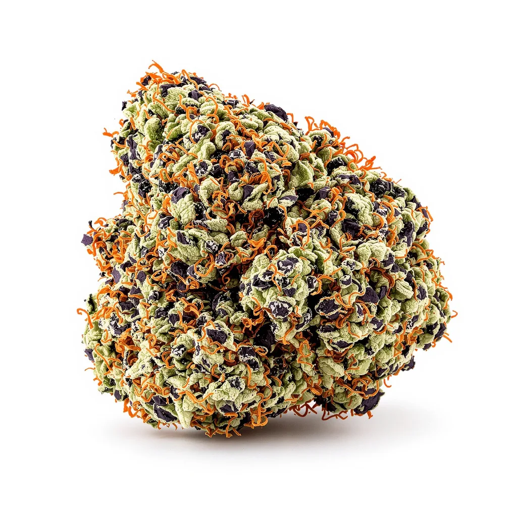 Quin-N-Tonic 77% indica / 23% sativa — flor con tricomas visibles