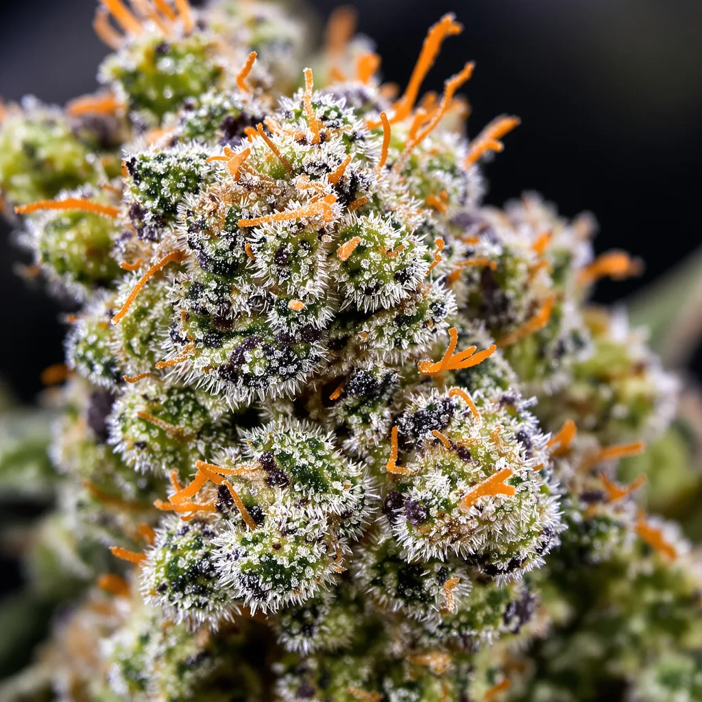 Primer plano de cogollo de cannabis Race Fuel OG mostrando estructura equilibrada con tricomas escarchados