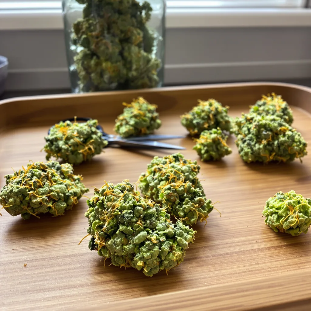 Rainbow 30% indica / 70% sativa — flor con tricomas visibles