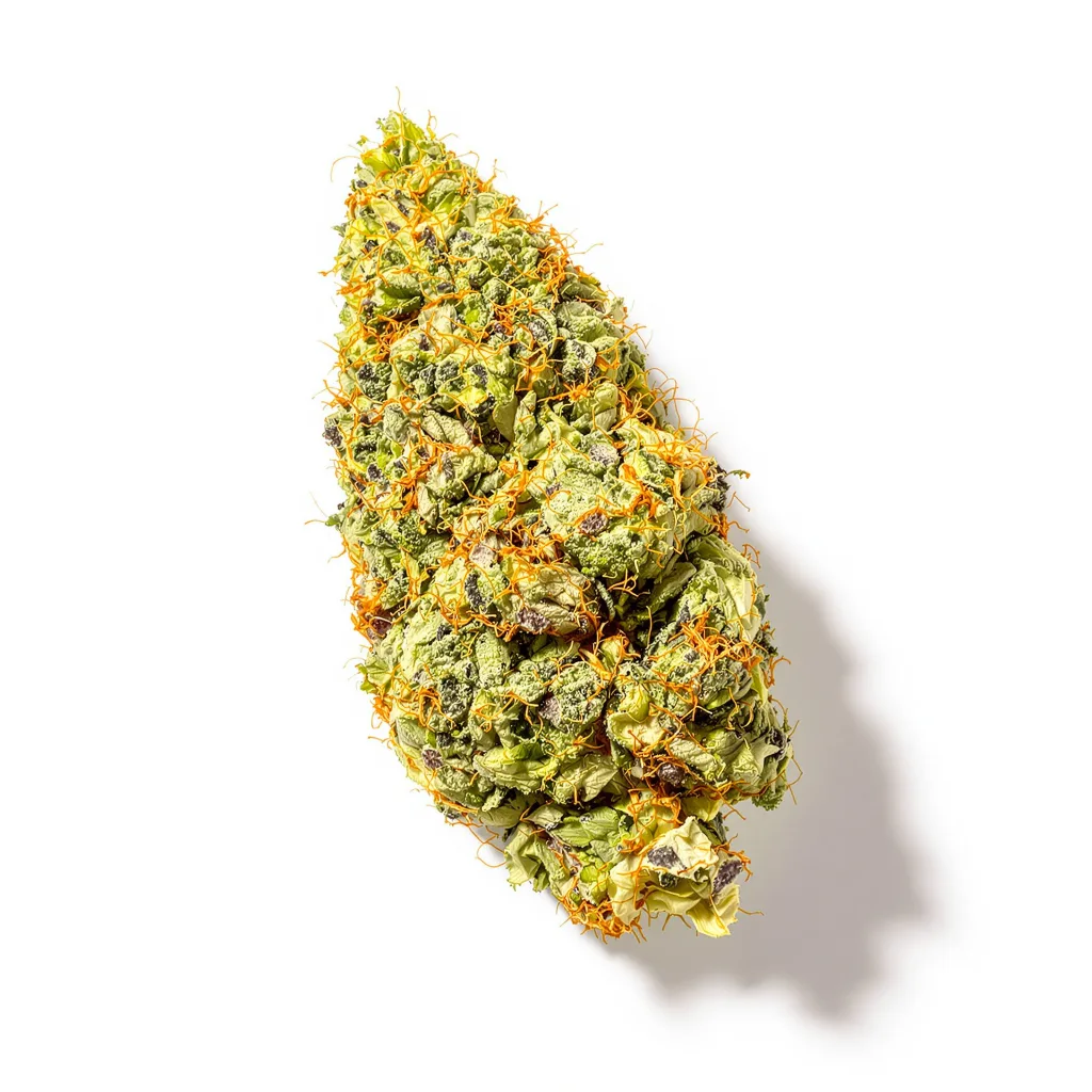 Rainbow 30% indica / 70% sativa — flor con tricomas visibles