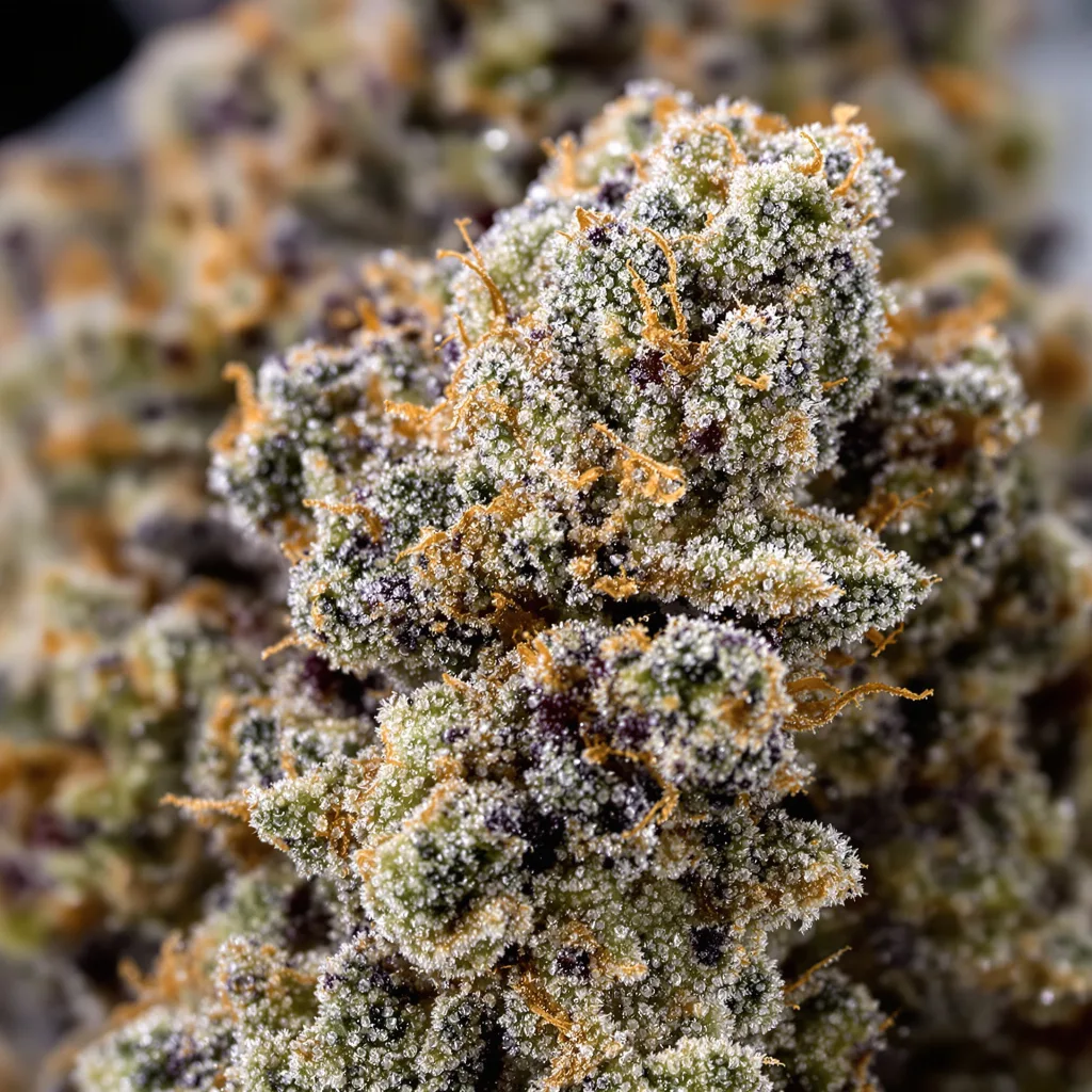 Primer plano de cogollo de cannabis Rainbow Glue mostrando cálices densos con tonos morados