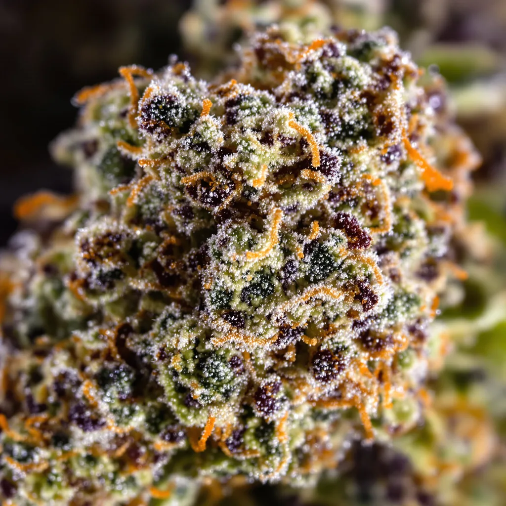 Primer plano de cogollo de cannabis Rainbow Jones mostrando cálices densos con tonos morados