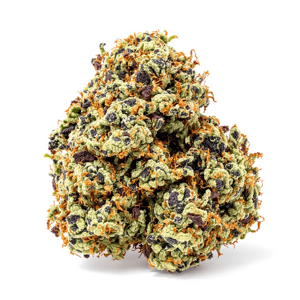 Rainbow Jones 76% indica / 24% sativa — flor con tricomas visibles