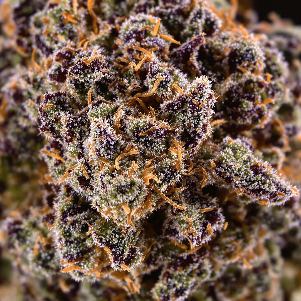 Primer plano de cogollo de cannabis Rainbow Jones mostrando cálices densos con tonos morados