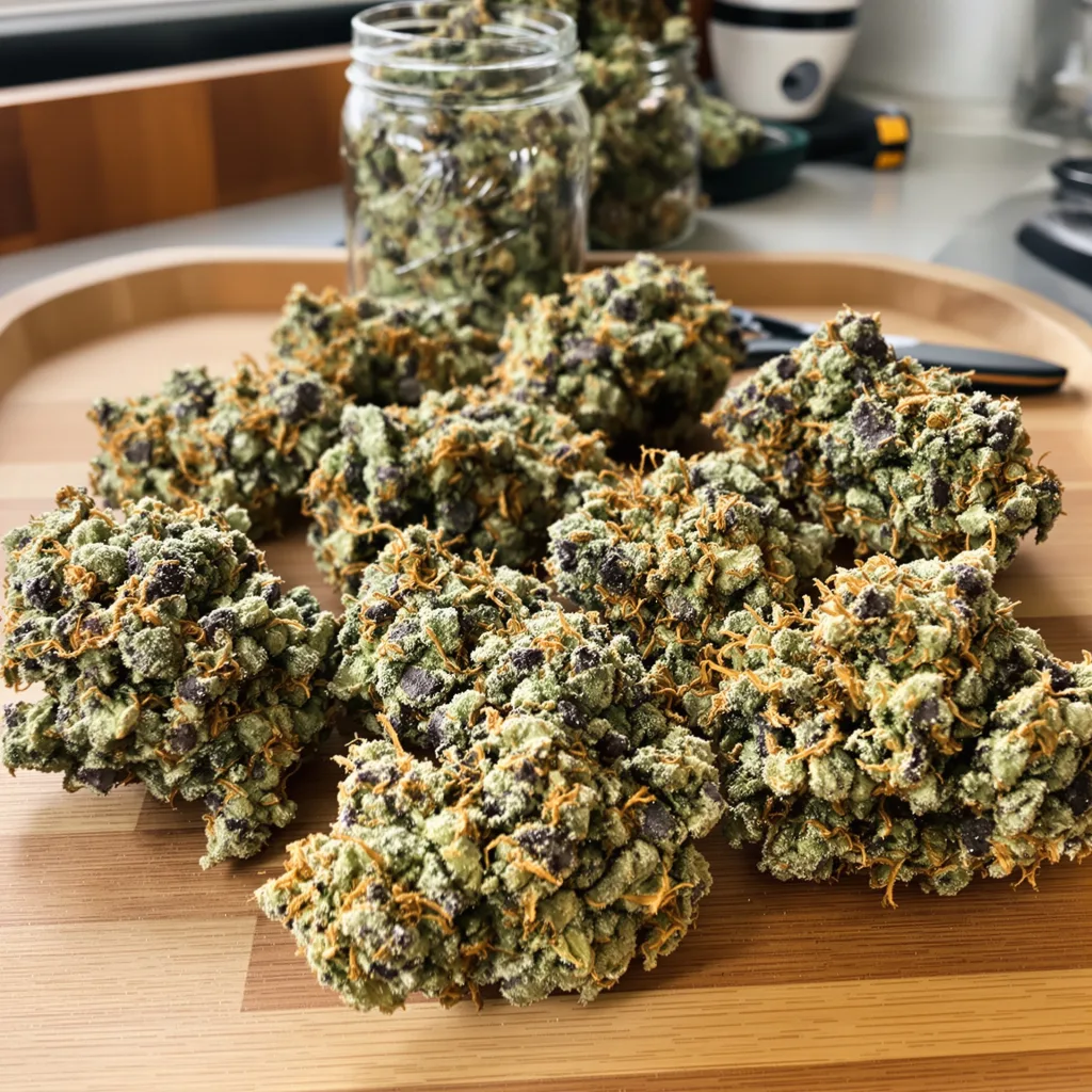 Rainbow Kush 50% indica / 50% sativa — flor con tricomas visibles
