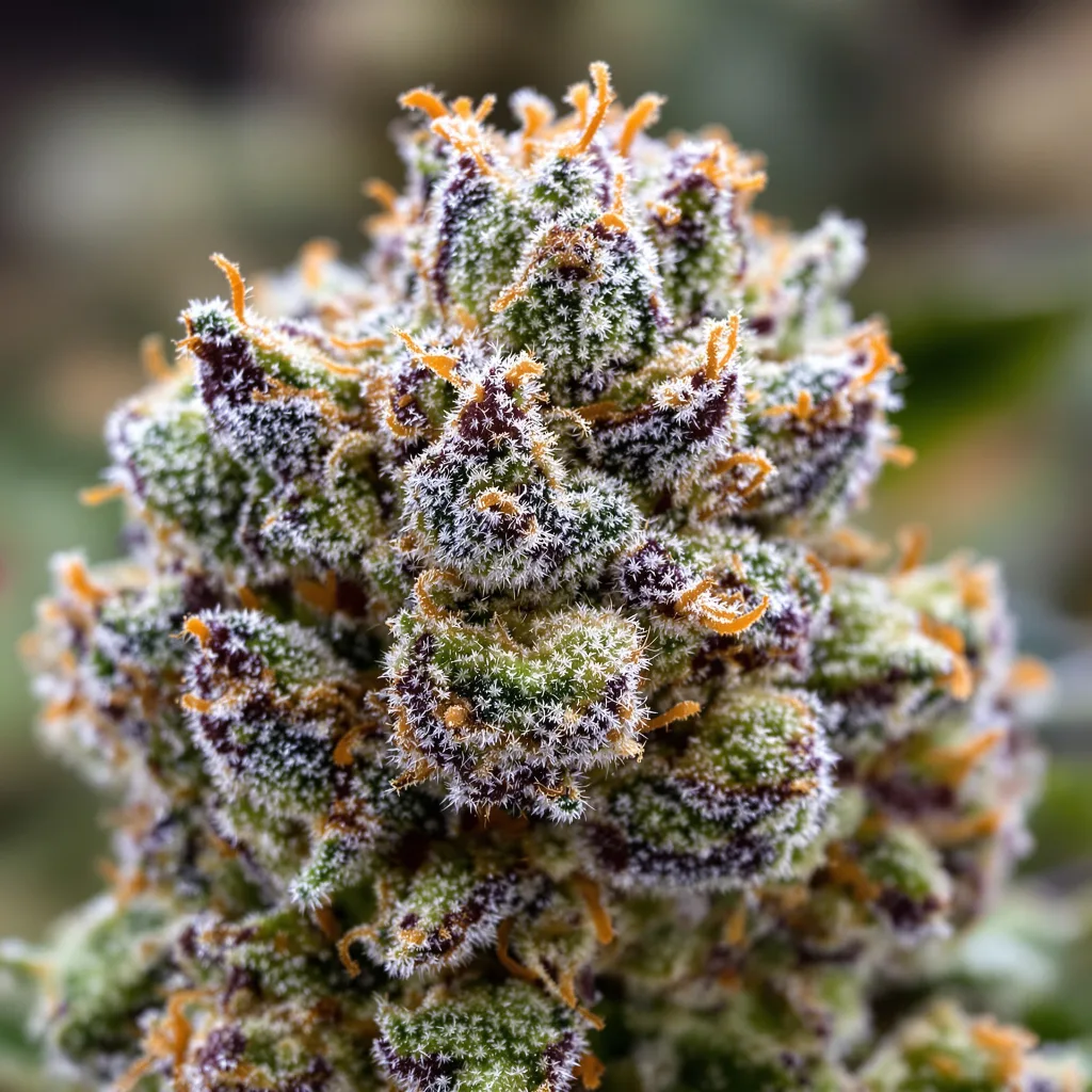Primer plano de cogollo de cannabis Rainbow Kush mostrando estructura equilibrada con tricomas escarchados