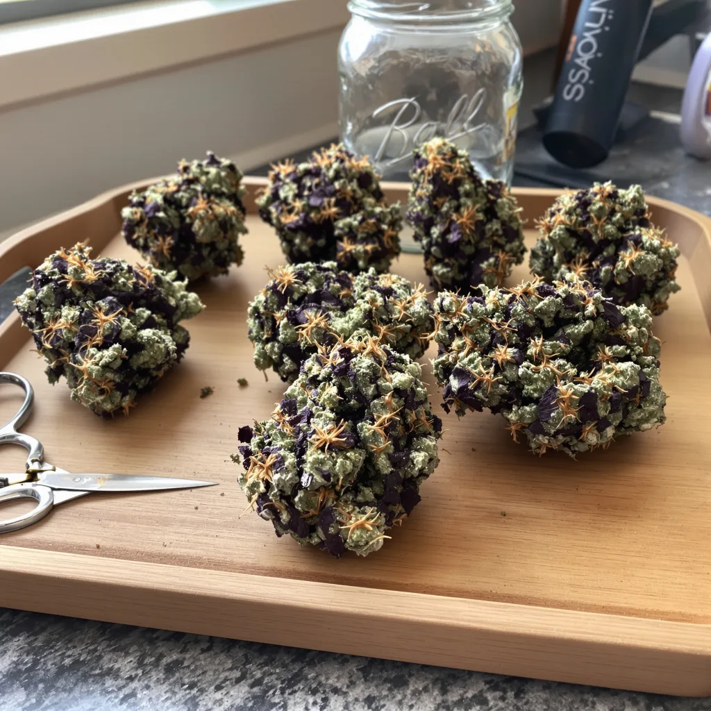 Raisinberry 87% indica / 13% sativa — flor con tricomas visibles