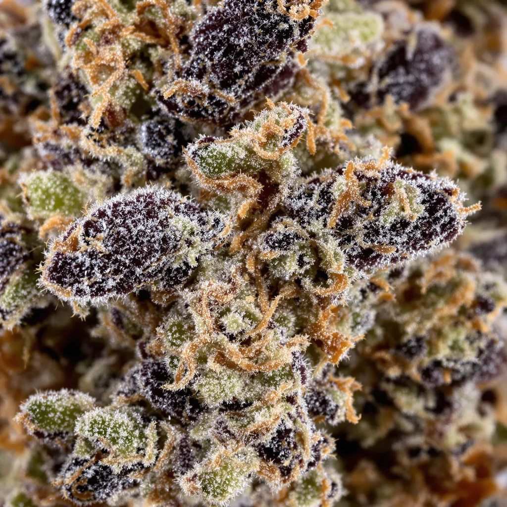 Primer plano de cogollo de cannabis Raisinberry mostrando cálices densos con tonos morados