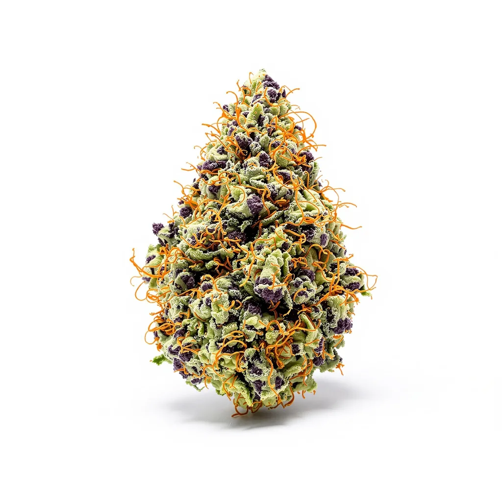 Raisinberry 87% indica / 13% sativa — flor con tricomas visibles