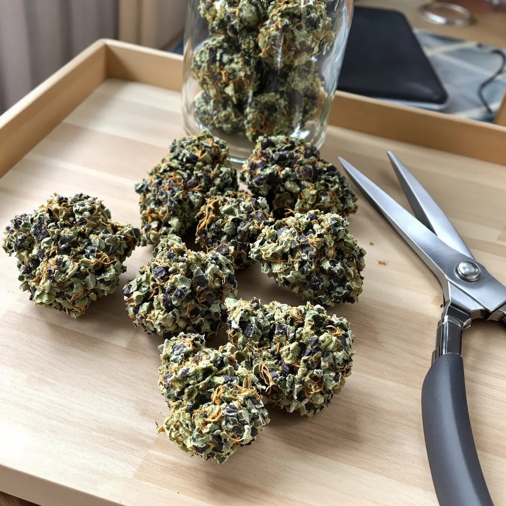 Raisinberry 87% indica / 13% sativa — flor con tricomas visibles