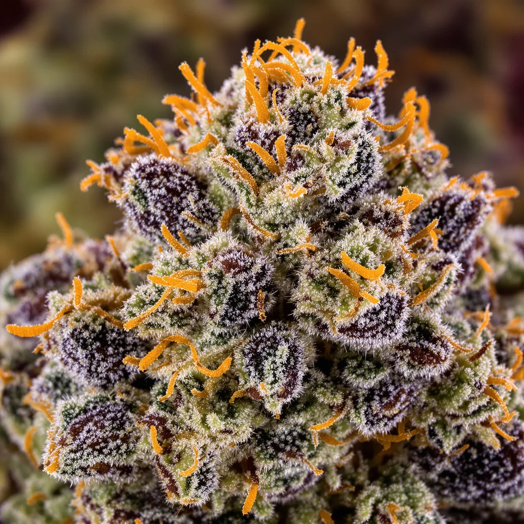Primer plano de cogollo de cannabis Raisinberry mostrando cálices densos con tonos morados