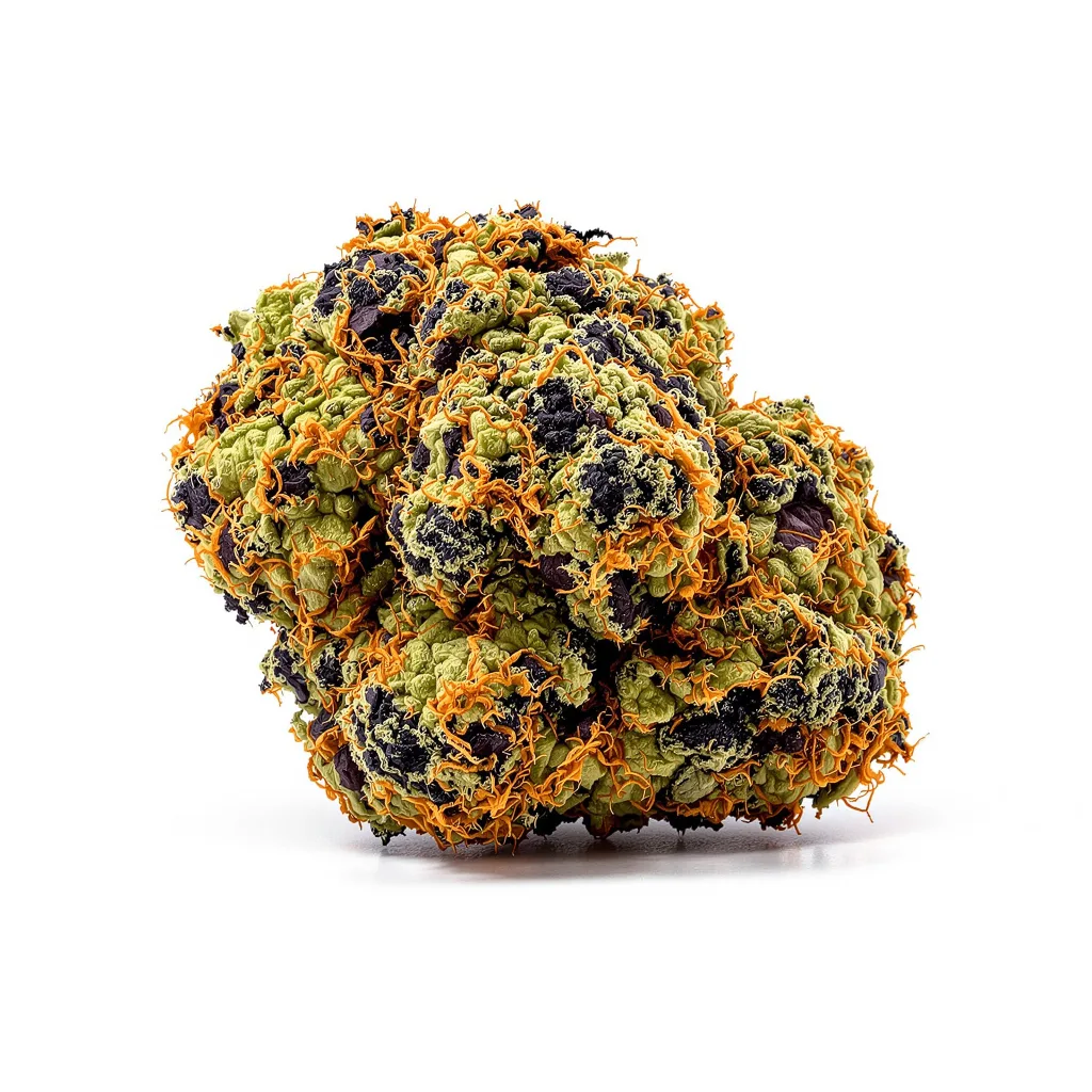Raisinberry 87% indica / 13% sativa — flor con tricomas visibles