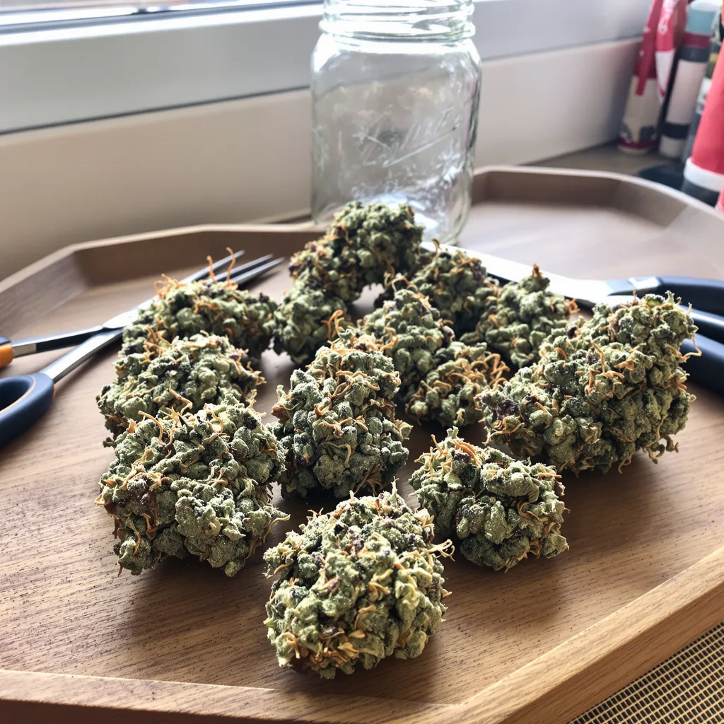 Rare Dankness #1 57% indica / 43% sativa — flor con tricomas visibles