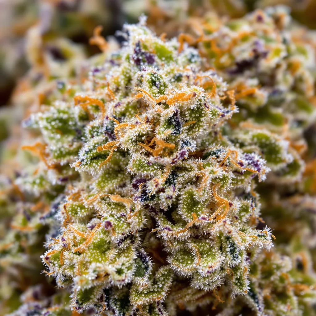 Primer plano de cogollo de cannabis Rare Dankness #1 mostrando estructura equilibrada con tricomas escarchados