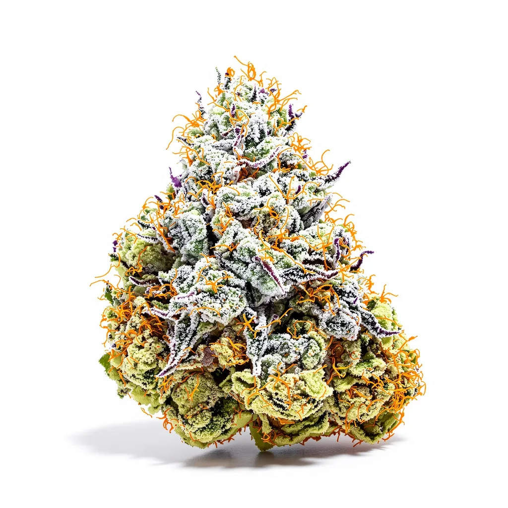 Rare Dankness #1 57% indica / 43% sativa — flor con tricomas visibles