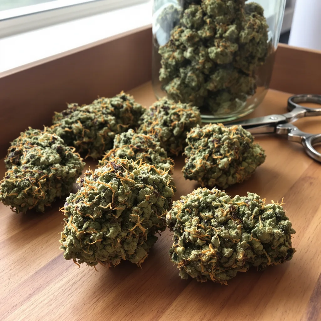 Raskal OG 40% indica / 60% sativa — flor con tricomas visibles