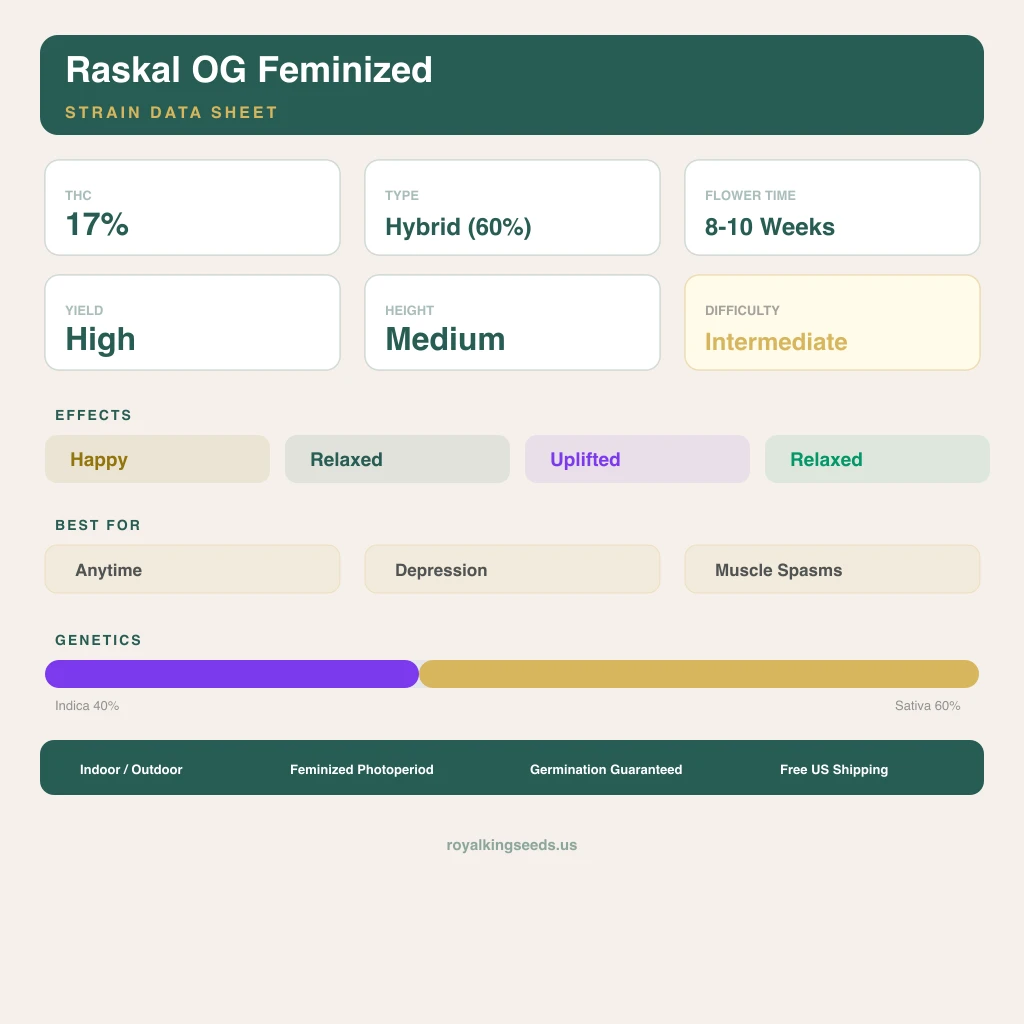 Raskal OG 40% indica / 60% sativa — flor con tricomas visibles