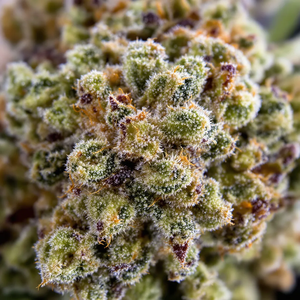 Primer plano de cogollo de cannabis Raspberry Cough mostrando estructura abierta con pistilos naranjas