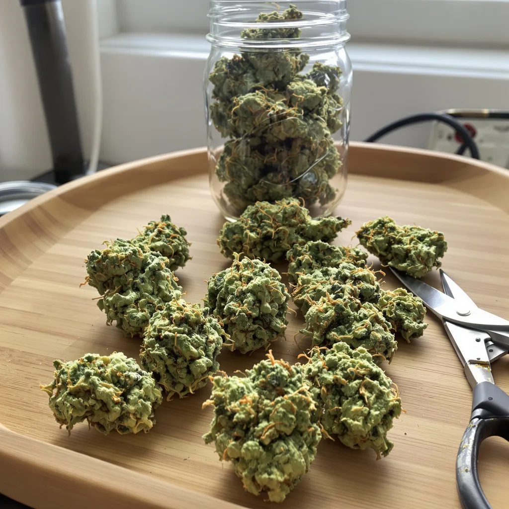Raspberry Cough Kush 21% indica / 79% sativa — flor con tricomas visibles