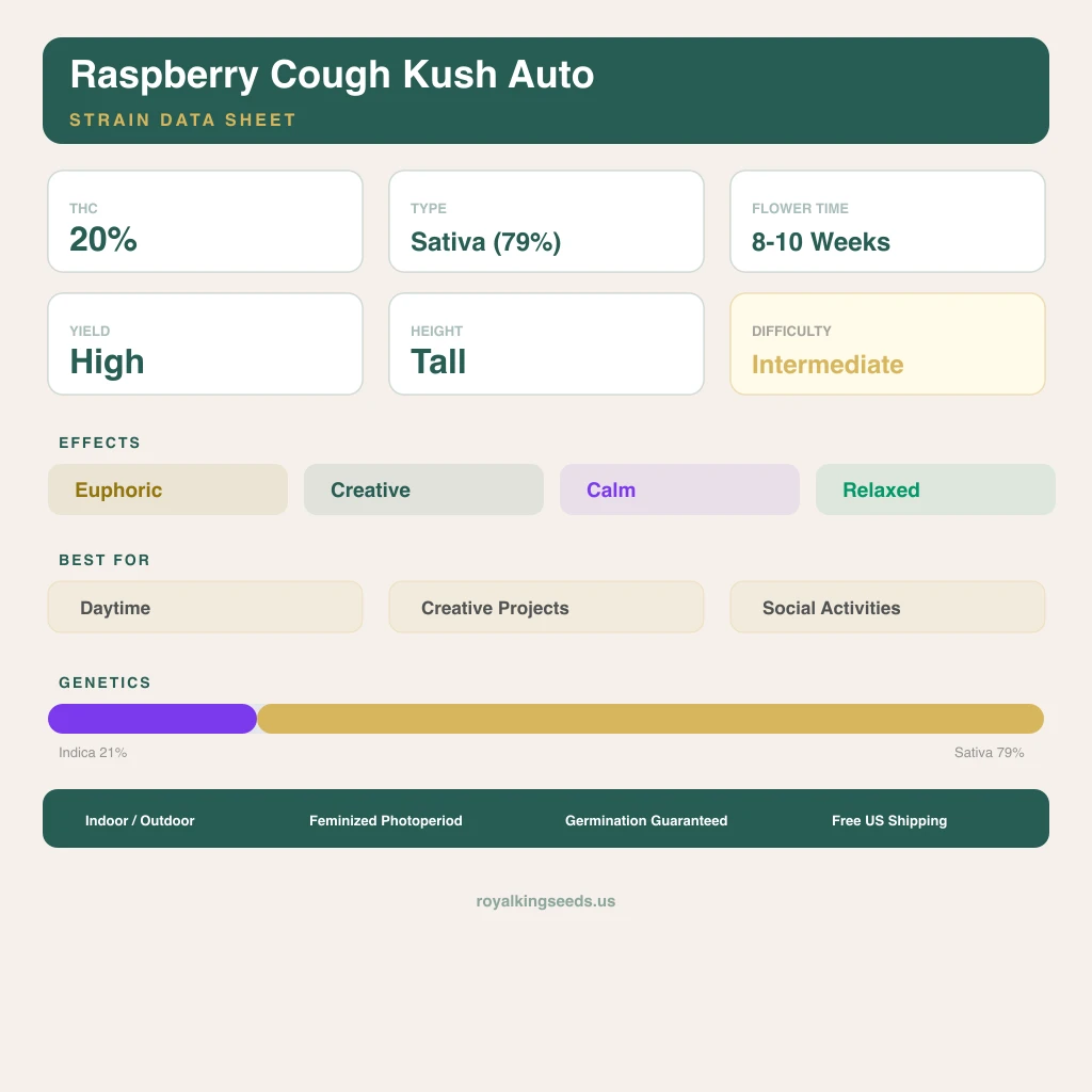 Raspberry Cough Kush 21% indica / 79% sativa — flor con tricomas visibles