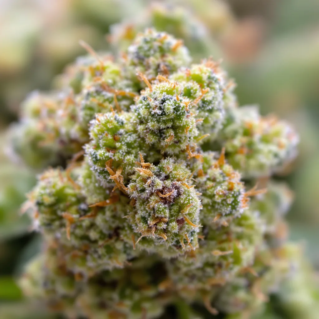 Primer plano de cogollo de cannabis Raspberry Cough Kush mostrando estructura aireada verde lima