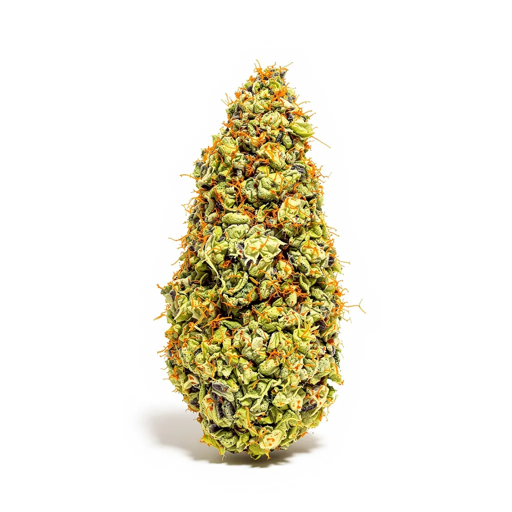 Raspberry Cough Kush 21% indica / 79% sativa — flor con tricomas visibles