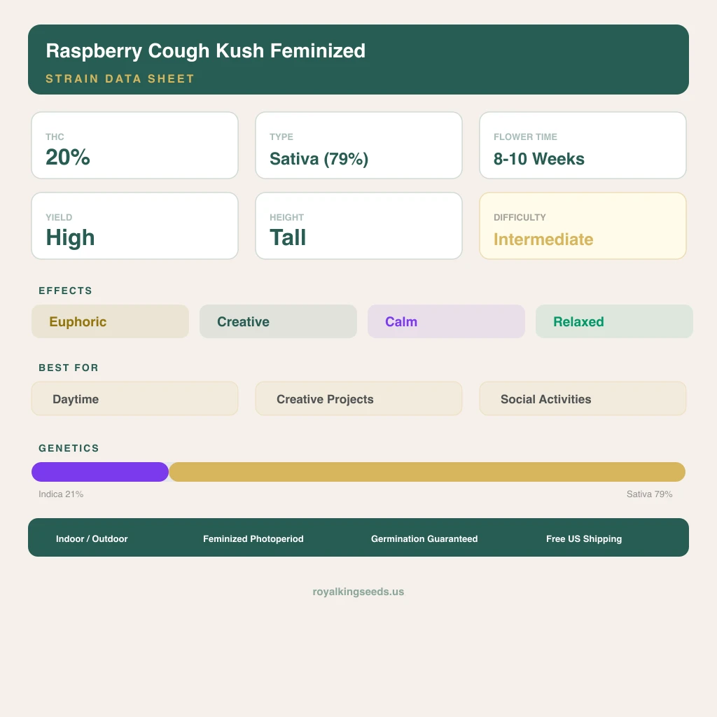 Raspberry Cough Kush 21% indica / 79% sativa — flor con tricomas visibles