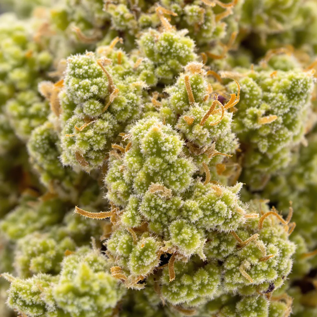 Primer plano de cogollo de cannabis Raspberry Cough Kush mostrando estructura aireada verde lima