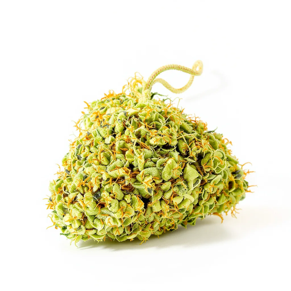 Raspberry Cough Kush 21% indica / 79% sativa — flor con tricomas visibles