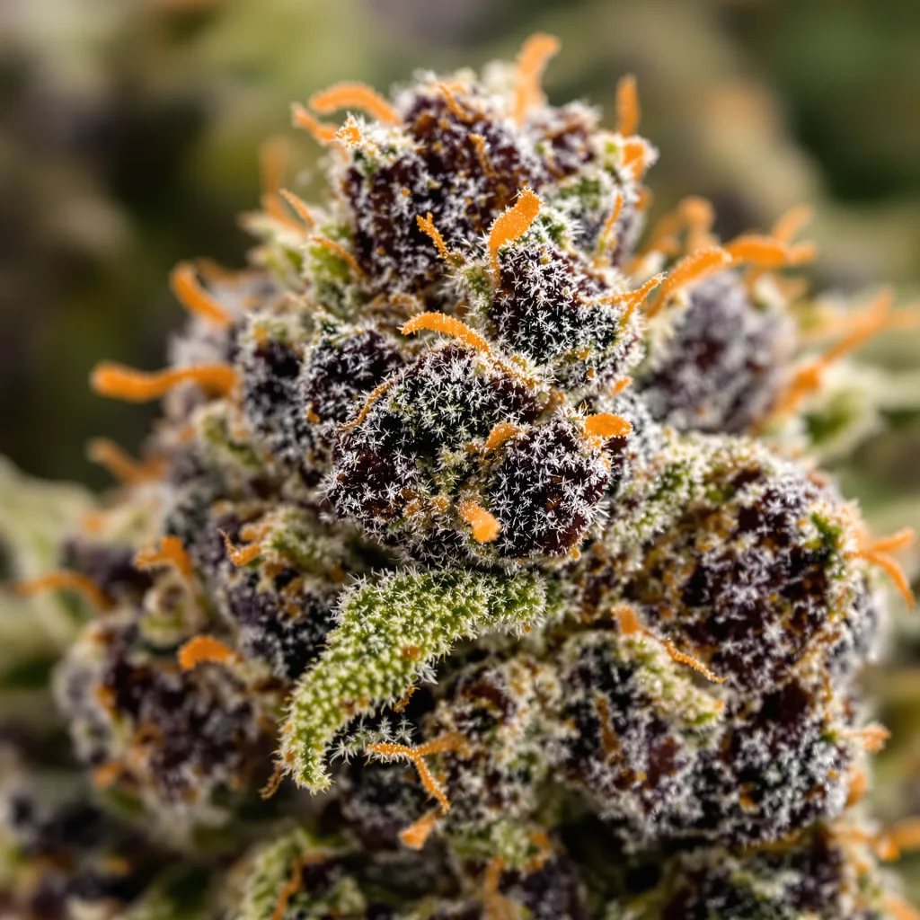 Primer plano de cogollo de cannabis Ray Charles mostrando cálices densos con tonos morados