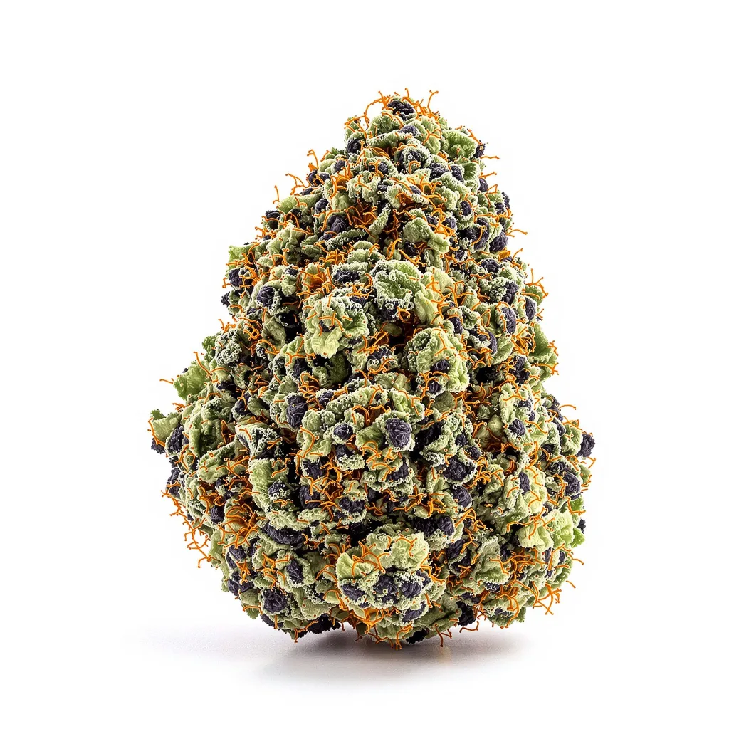 Reclining Buddha 75% indica / 25% sativa — flor con tricomas visibles