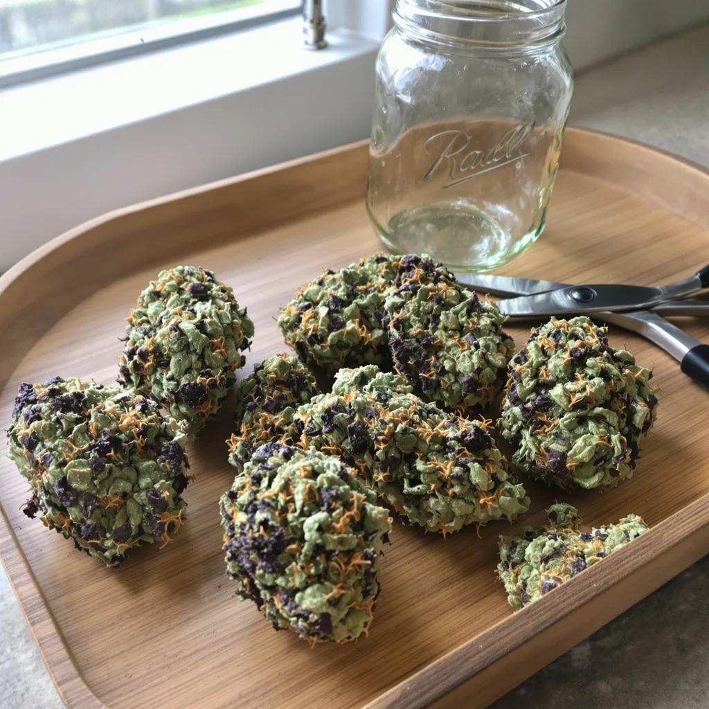 Reclining Buddha 75% indica / 25% sativa — flor con tricomas visibles