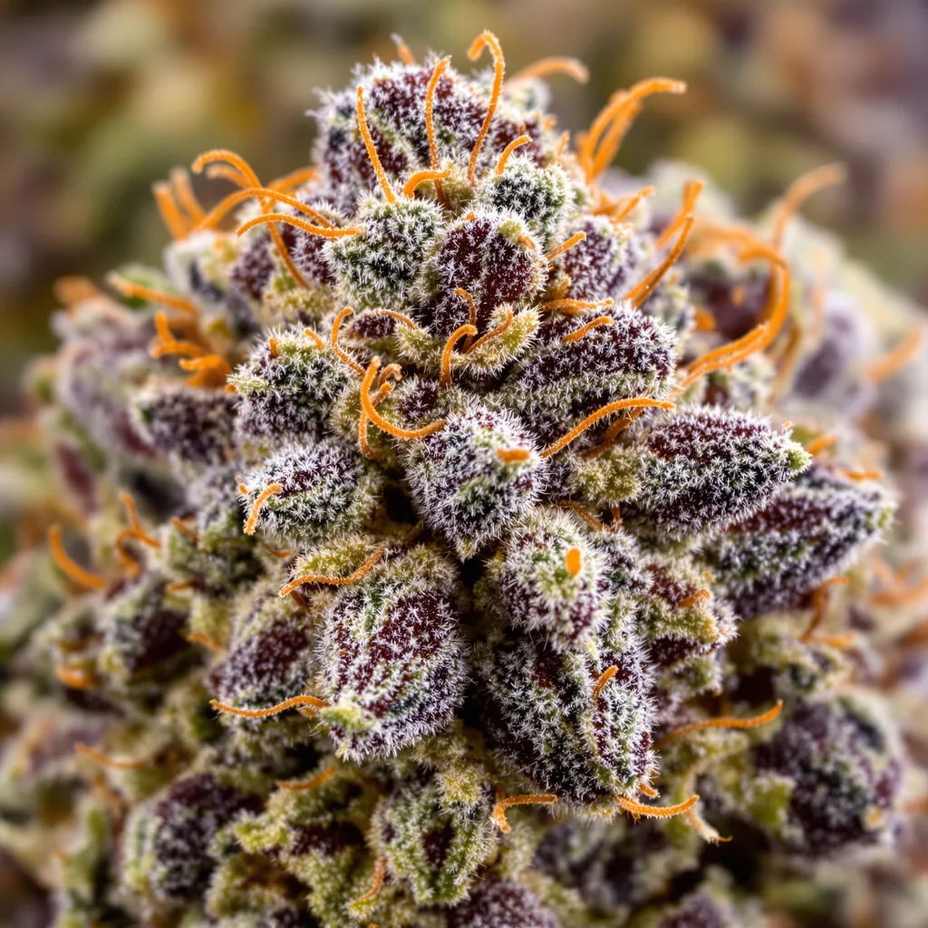 Primer plano de cogollo de cannabis Red Bruce mostrando cálices densos con tonos morados