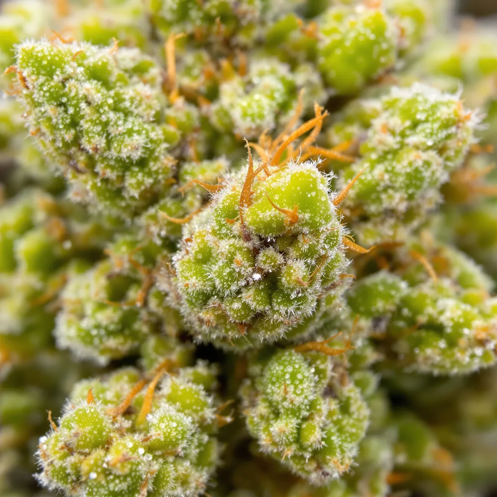 Primer plano de cogollo de cannabis Red Congolese mostrando estructura aireada verde lima