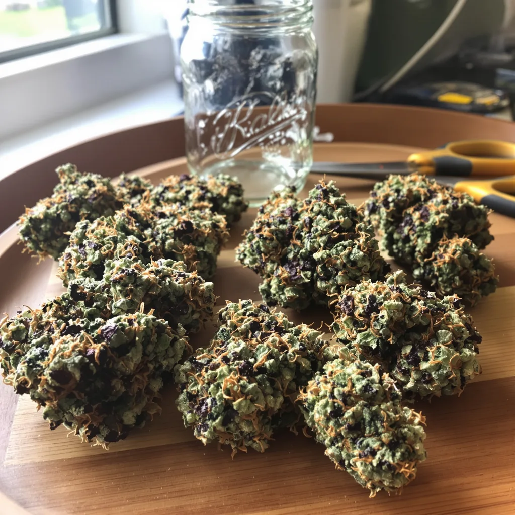 Red Dwarf 74% indica / 26% sativa — flor con tricomas visibles