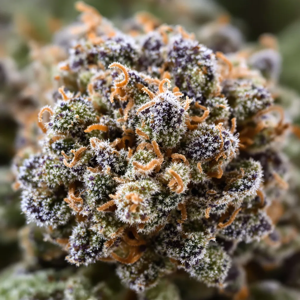 Primer plano de cogollo de cannabis Red Dwarf mostrando cálices densos con tonos morados