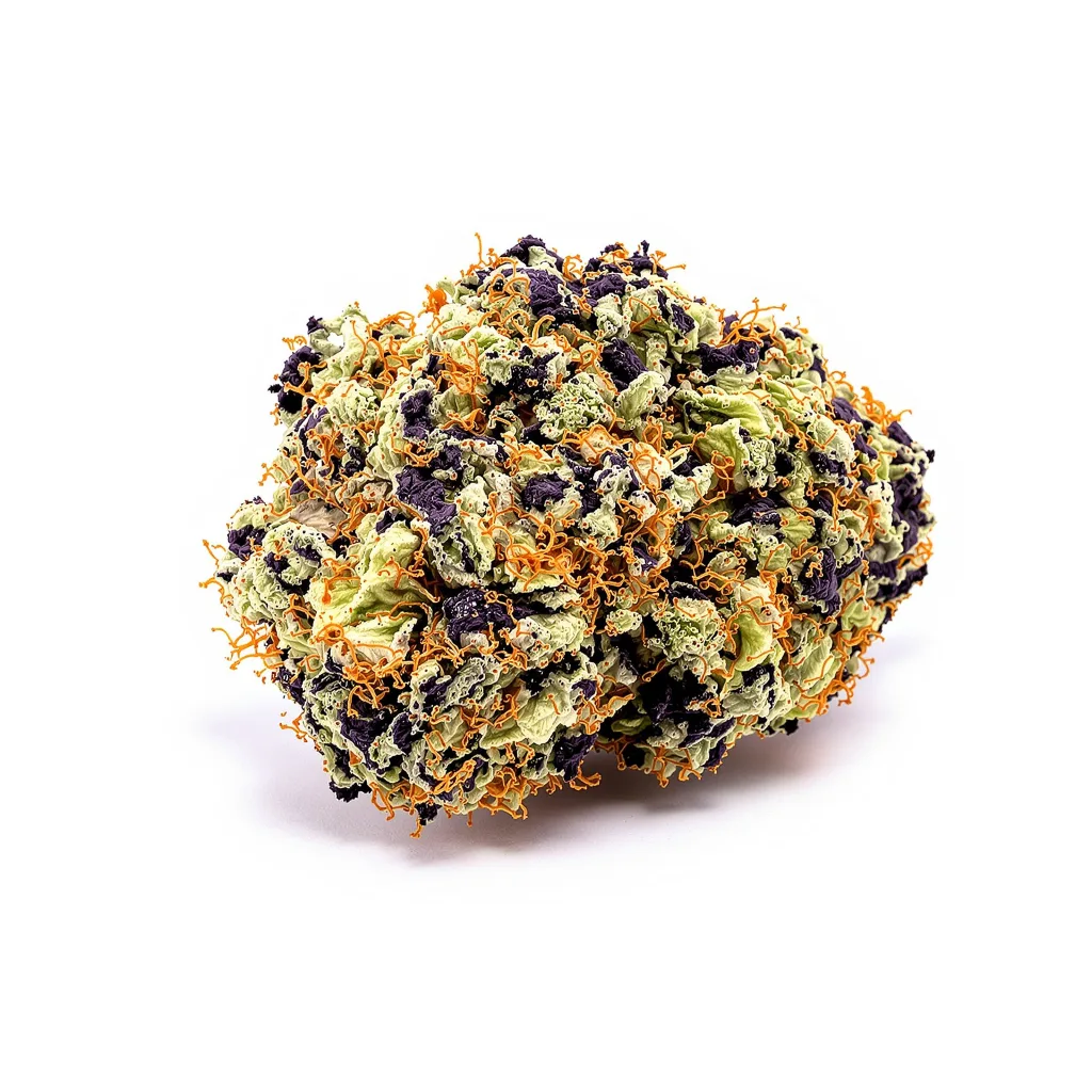 Red Dwarf 74% indica / 26% sativa — flor con tricomas visibles