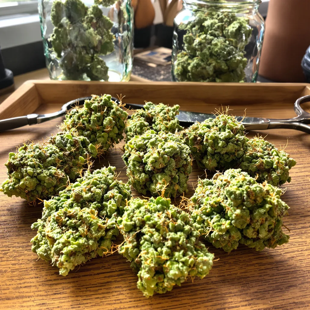 Red Headed Stranger 8% indica / 92% sativa — flor con tricomas visibles