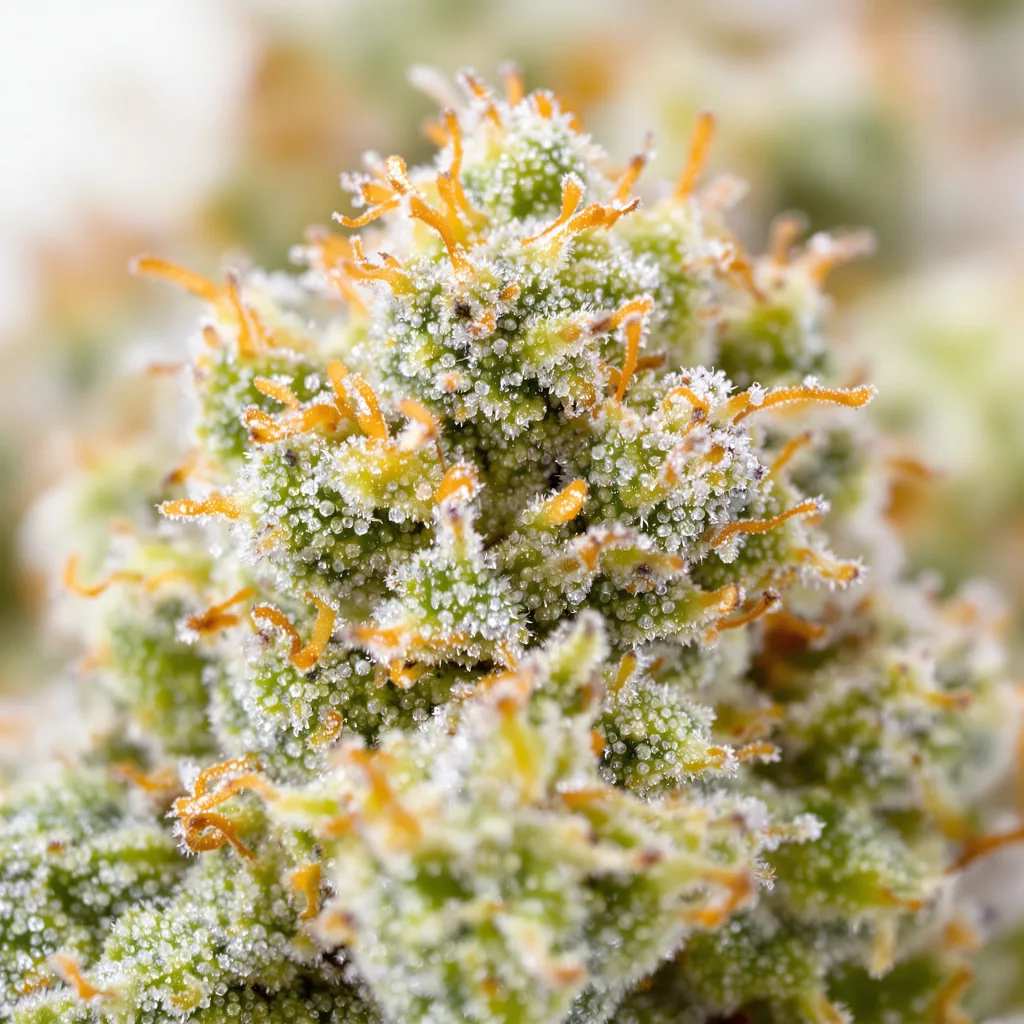 Primer plano de cogollo de cannabis Red Headed Stranger mostrando estructura aireada verde lima