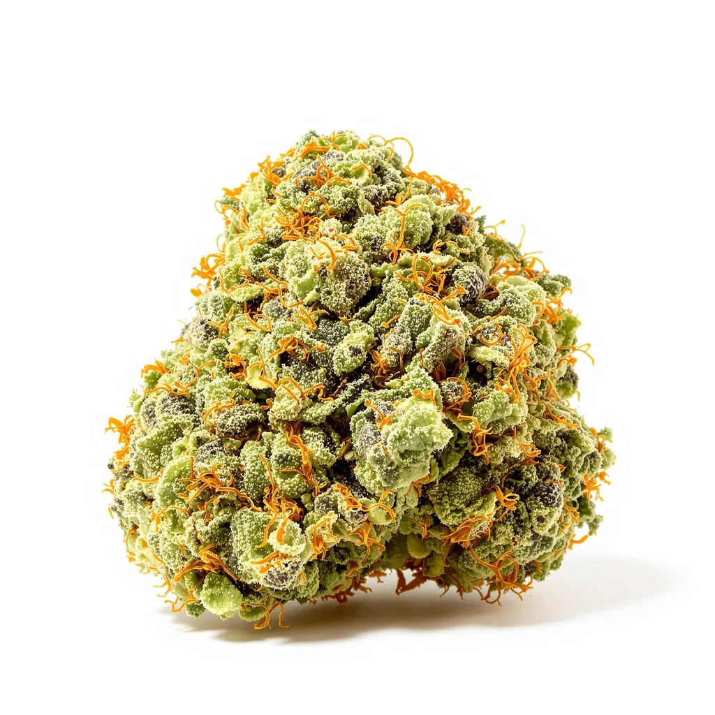 Red Headed Stranger 8% indica / 92% sativa — flor con tricomas visibles