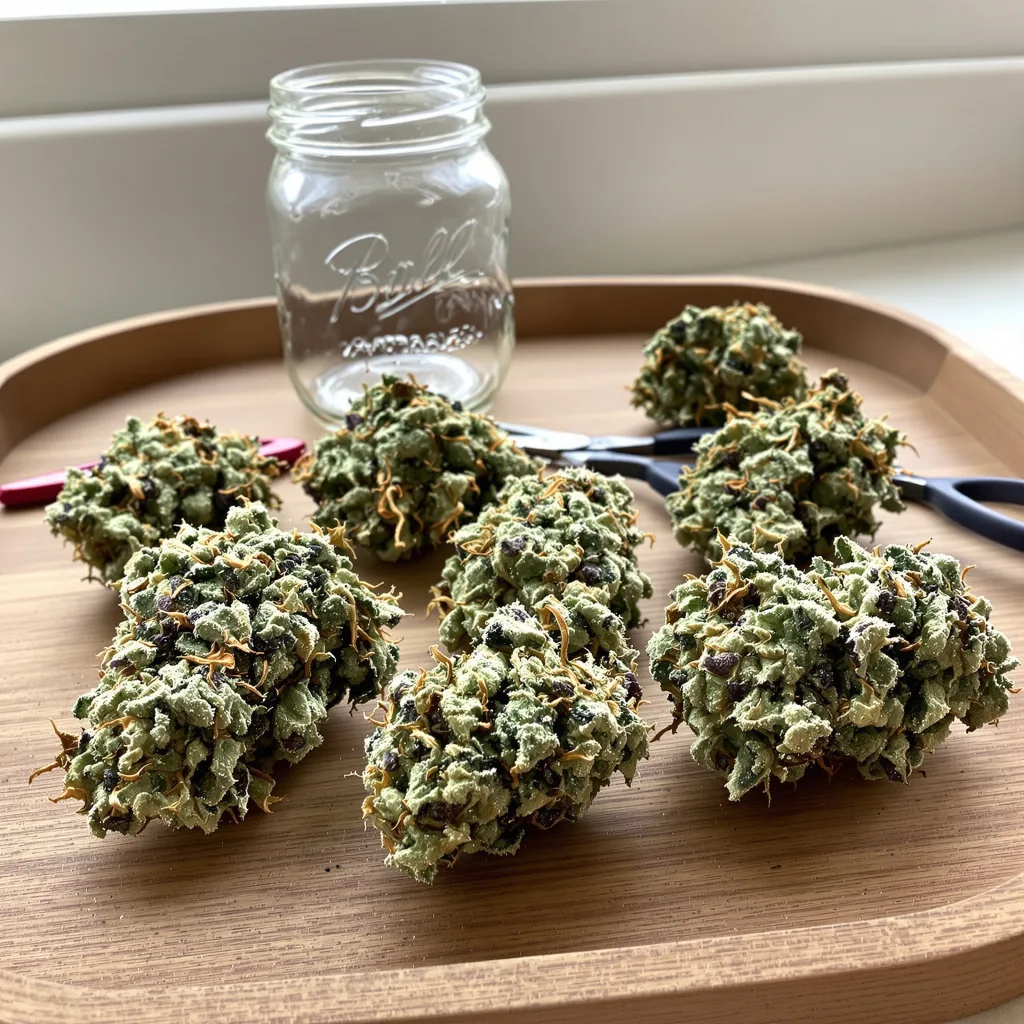 Red Widow 47% indica / 53% sativa — flor con tricomas visibles