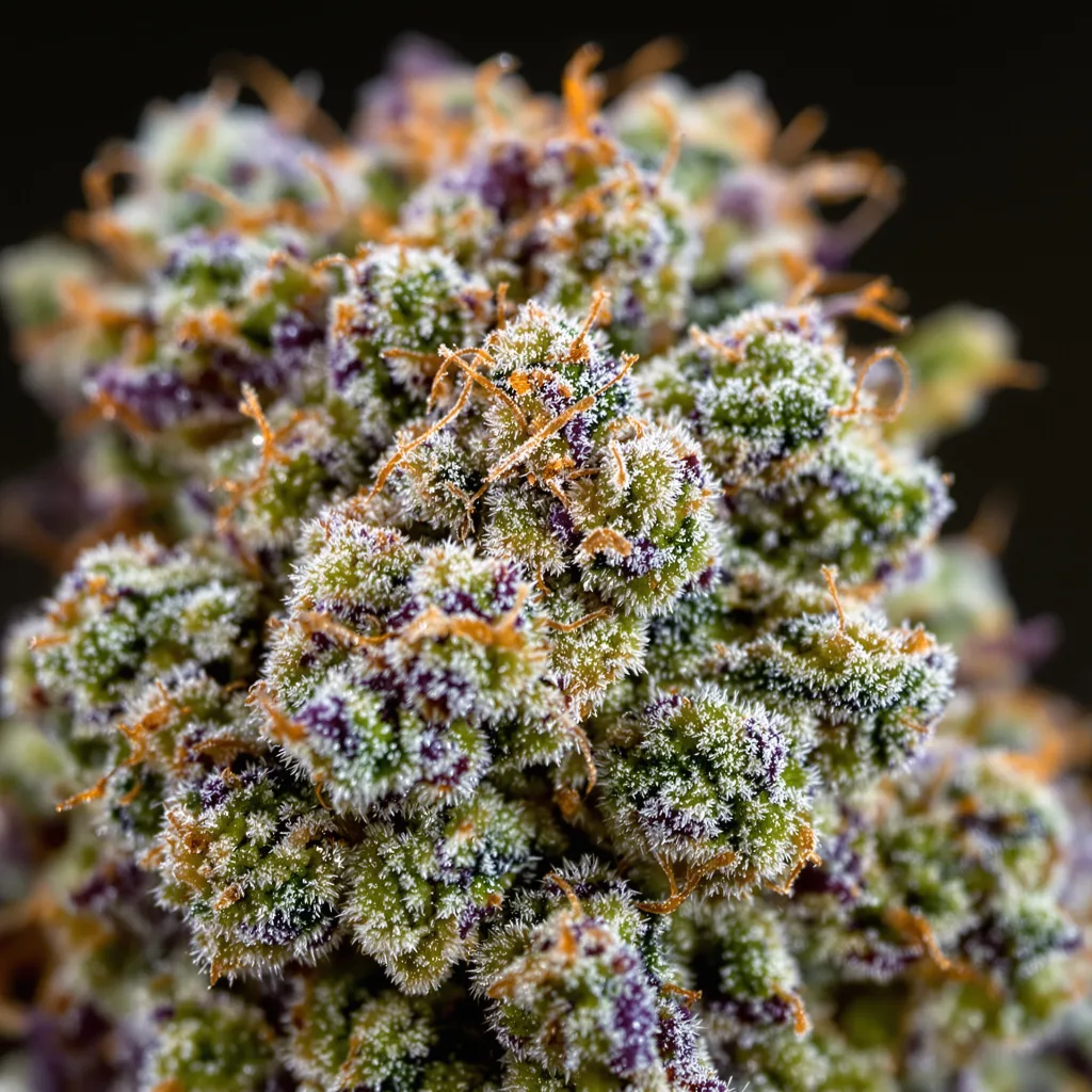 Primer plano de cogollo de cannabis Red Widow mostrando estructura equilibrada con tricomas escarchados