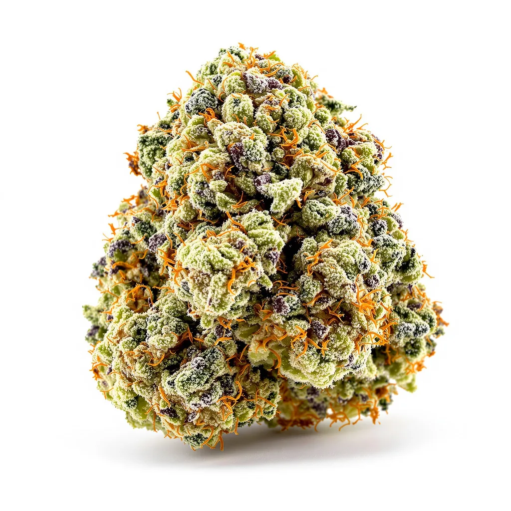 Red Widow 47% indica / 53% sativa — flor con tricomas visibles