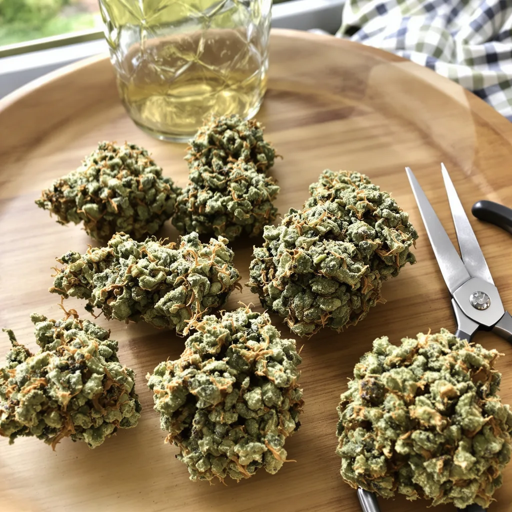 Red Widow 47% indica / 53% sativa — flor con tricomas visibles